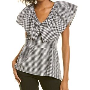 PEARL by Lela Rose gingham top. Ruffles, defined waist, gathers peplum. V neck